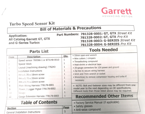 Garrett Speed Sensor Kit für G-Serie Turbolader mit oder ohne Anzeige